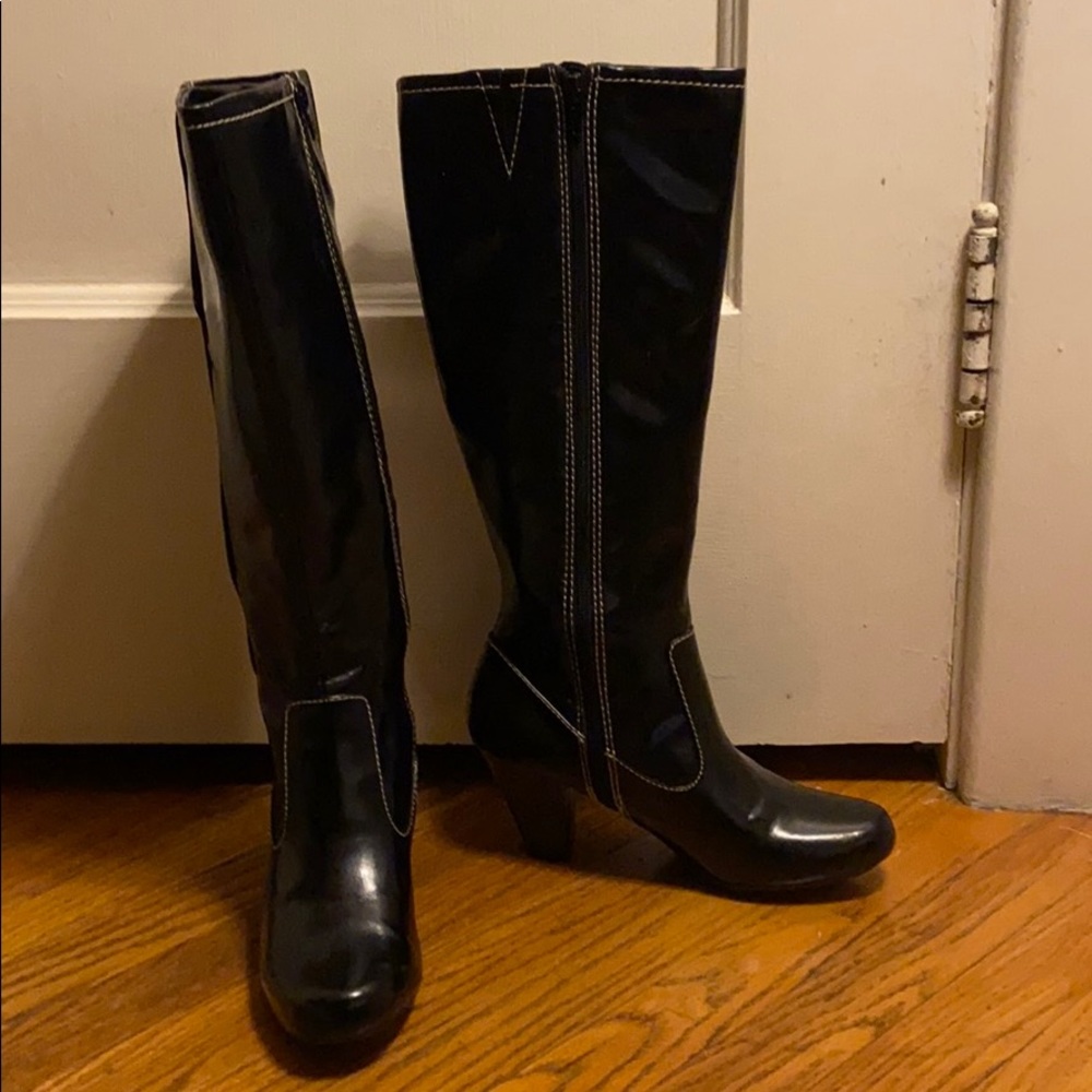 Patten leather knee high boots